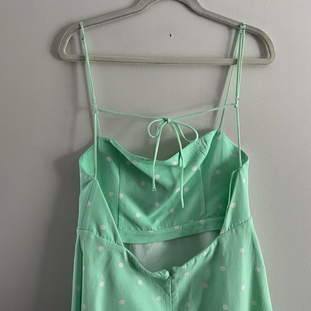Zara XL Green Polka Dot Linen Blend Square Neck Strappy Tie Back Mini Dress NWT - Picture 7 of 11